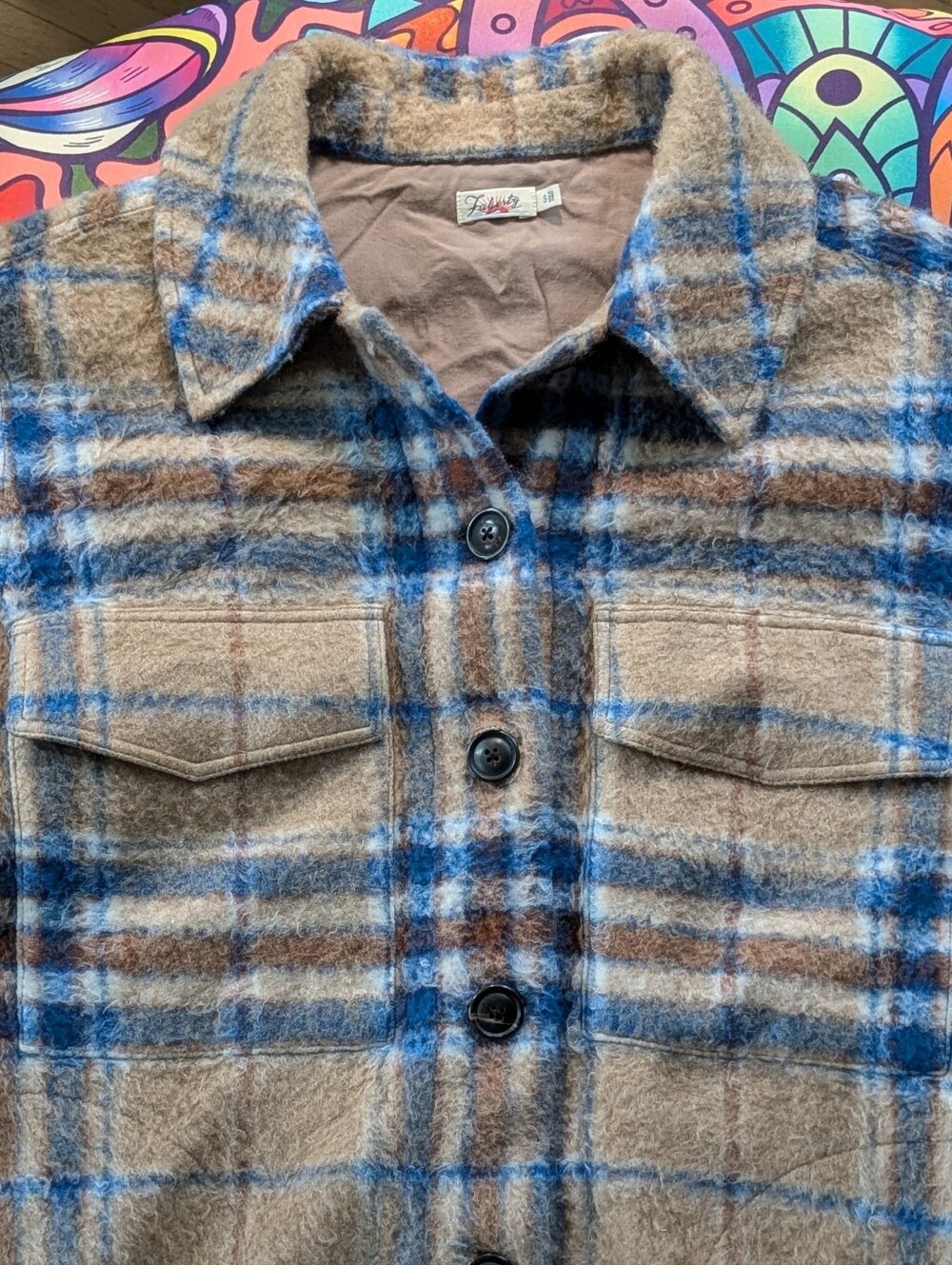 Faherty Cotswald Women's Wool Blend Plaid Shacket Shirt Jacket Sz Small Tan Blue